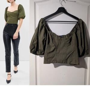 GAP | Army Green Sweetheart Puff Sleeve Top